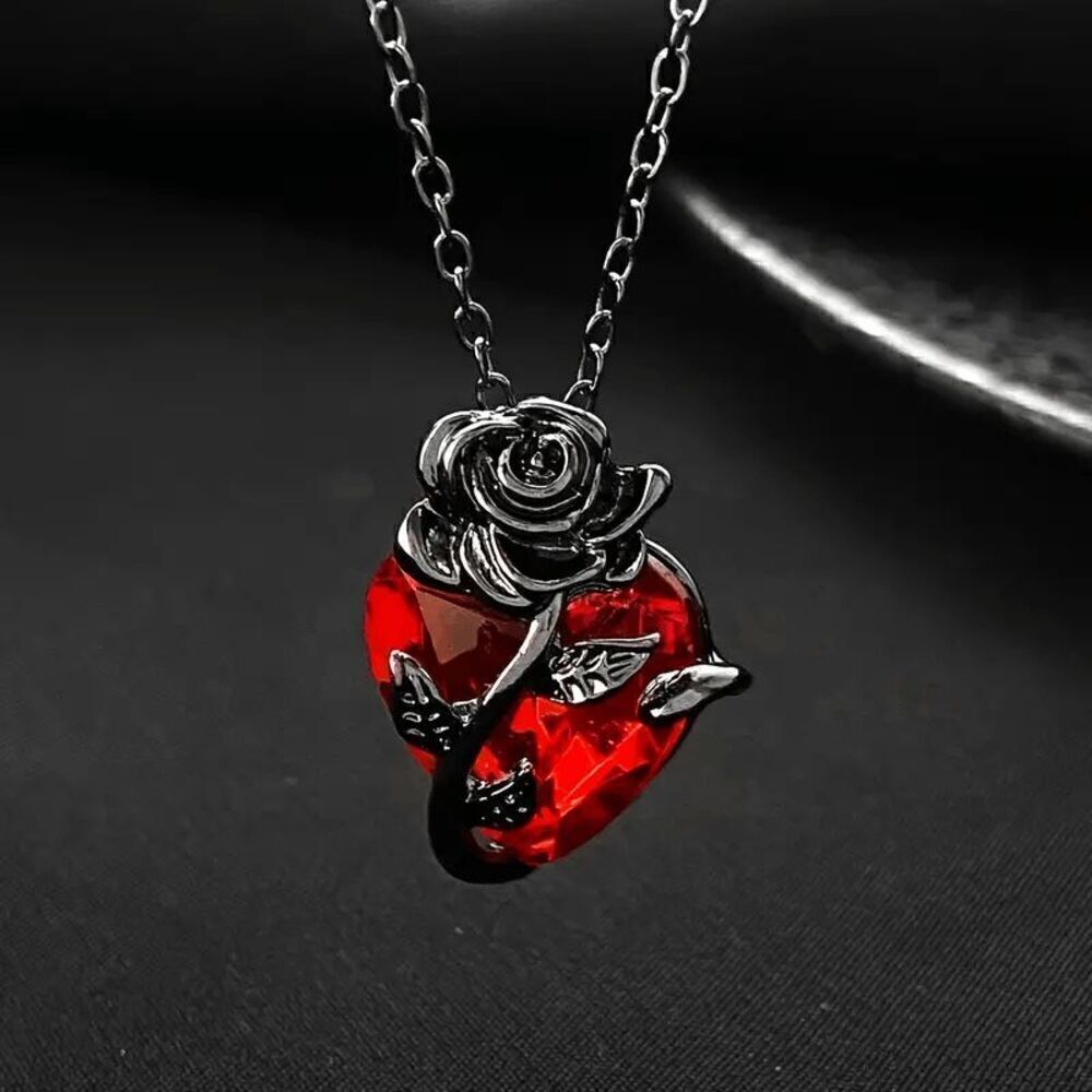 Gothic Gun Metal Rose Wrapped Around Ruby Heart Necklace